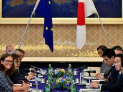 European Commissioner for Trade Cecilia Malmstrom and Japanese Foreign Minister Fumio Kishida attend their meeting as a part of the Japan-EU Economic Partnership Agreement negotiations in Tokyo
