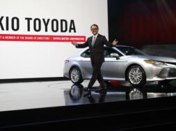 Toyota’s Toyoda introduces the 2018 Camry XLE during the North American International Auto Show in Detroit