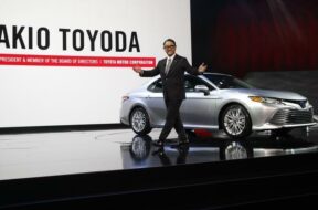 Toyota’s Toyoda introduces the 2018 Camry XLE during the North American International Auto Show in Detroit