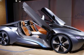 The BMW i8 Concept Spyder hybrid gas/electric car is shown during it’s North American Premiere at the BMWi „Born Electric“ tour’s visit to New York