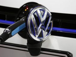 A Volkswagen Golf GTE is being charged during a workshop in Guangzhou