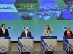 EU Commission Vice-President Maros Sefcovic, Commissioners Canete, Bulc and Bienkowska give a news conference on mobility and climate change package at the EC headquarters in Brussels