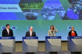 EU Commission Vice-President Maros Sefcovic, Commissioners Canete, Bulc and Bienkowska give a news conference on mobility and climate change package at the EC headquarters in Brussels