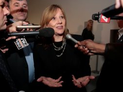 Image: General Motors Corp., CEO and Chairperson Marry Barra talks with members of the media after the introduction of the GMC 2018 Terraine SUV during press days of the North American International Auto Show in Detroit