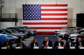 FILE PHOTO: Trump talks with auto industry leaders at the American Center for Mobility in Ypsilanti Township, Michigan