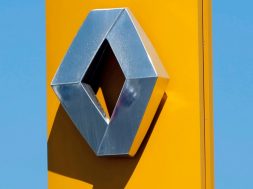 The Renault automaker company logo is displayed on the front of a car dealership in Bordeaux