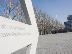 Sign of the Mercedes-Benz headquarter, Stuttgart, Germany.