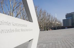 Sign of the Mercedes-Benz headquarter, Stuttgart, Germany.