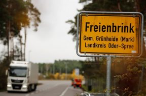 The town sign of Freienbrink district of Gruenheide is pictured near Berlin