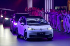 FILE PHOTO : New cars drive during a ceremony marking start of the production of a new electric Volkswagen model ID.3 in Zwickau