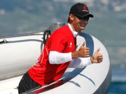 Bertarelli, Syndicate Head of the America’s Cup boat Alinghi smiles near the new catamaran „Alinghi 5“ during a training session at Lake Leman