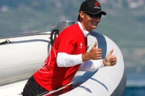 Bertarelli, Syndicate Head of the America’s Cup boat Alinghi smiles near the new catamaran „Alinghi 5“ during a training session at Lake Leman