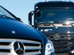 Premiere of Mercedes-Benz autonomous truck Actros driving along public highway between Denkendorf and Stuttgart