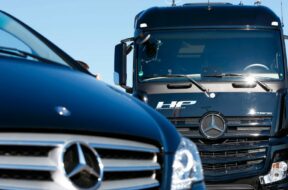 Premiere of Mercedes-Benz autonomous truck Actros driving along public highway between Denkendorf and Stuttgart
