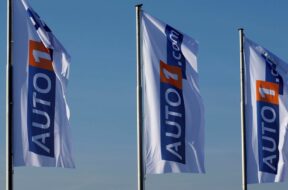 FILE PHOTO: Flags bearing the AUTO1 logo pictured at the company grounds in Zoerbig, Germany