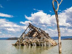 Kenia, Hochwasser des Lake Baringo October 16, 2021, Nakuru, Rift Valley, Kenya: A view of a submerged Roberts Camp afte