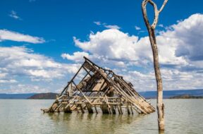 Kenia, Hochwasser des Lake Baringo October 16, 2021, Nakuru, Rift Valley, Kenya: A view of a submerged Roberts Camp afte