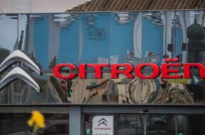 Alfortville, France May 6, 2021 – The logo of the French car manufacturer Citroen sits on the front of a dealership. Cit