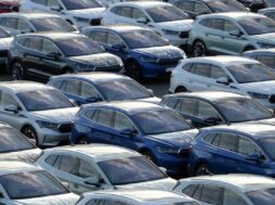 March 22, 2021, Mnichovo Hradiste, Czech Republic: New electric cars Skoda Auto parked in a distribution center on a sun