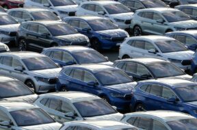 March 22, 2021, Mnichovo Hradiste, Czech Republic: New electric cars Skoda Auto parked in a distribution center on a sun